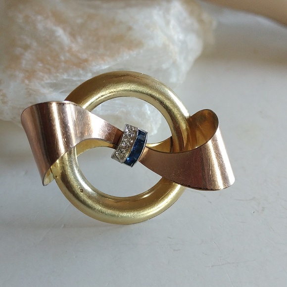 VINTAGE TAYLORD 1/20K GOLD FILLED BOW PIN BLUE WHITE CRYSTALS - Picture 7 of 7